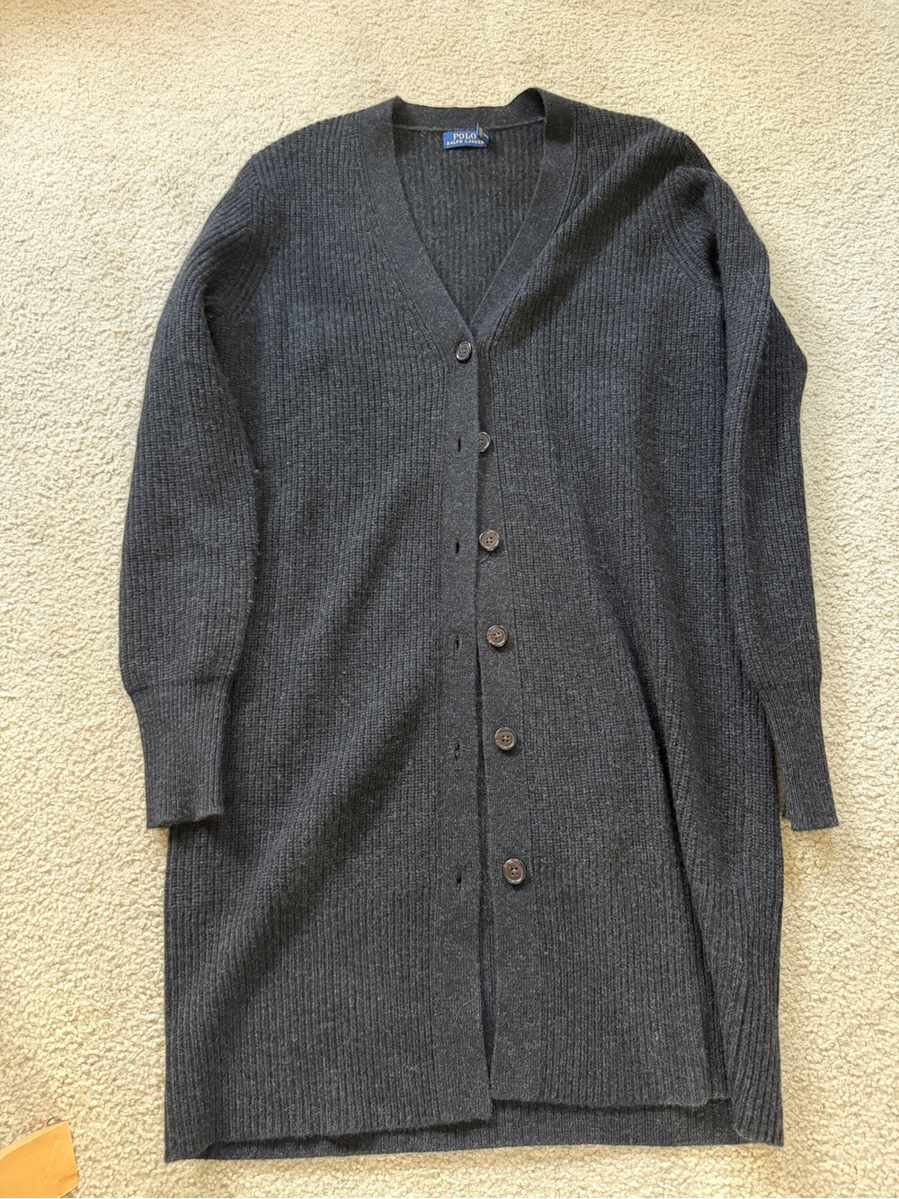 Polo Ralph Lauren Wool & Cashmere Charcoal Ribbed V-Neck Button-Front Cardigan